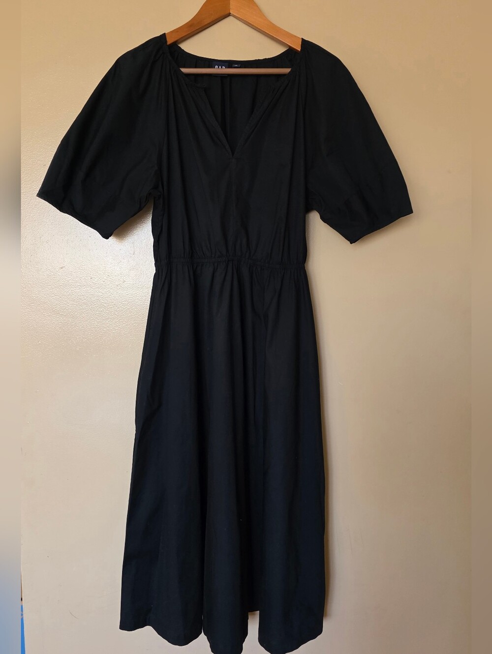 GAP Puff Sleeve Cotton Black Midi Dress M Tall Pockets Dark Cottagecore Romantic